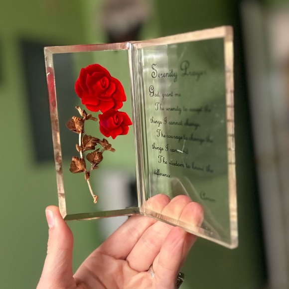 VTG Serenity Prayer Glass Encased Faux Floral Rose Cottagecore Glassware Art - Picture 3 of 7